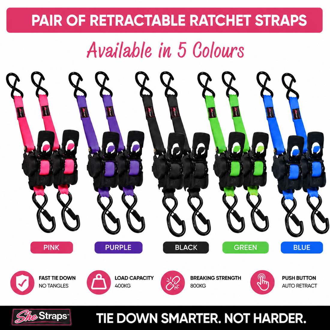 Retractable ratchet straps in various colors with product features highlighted.