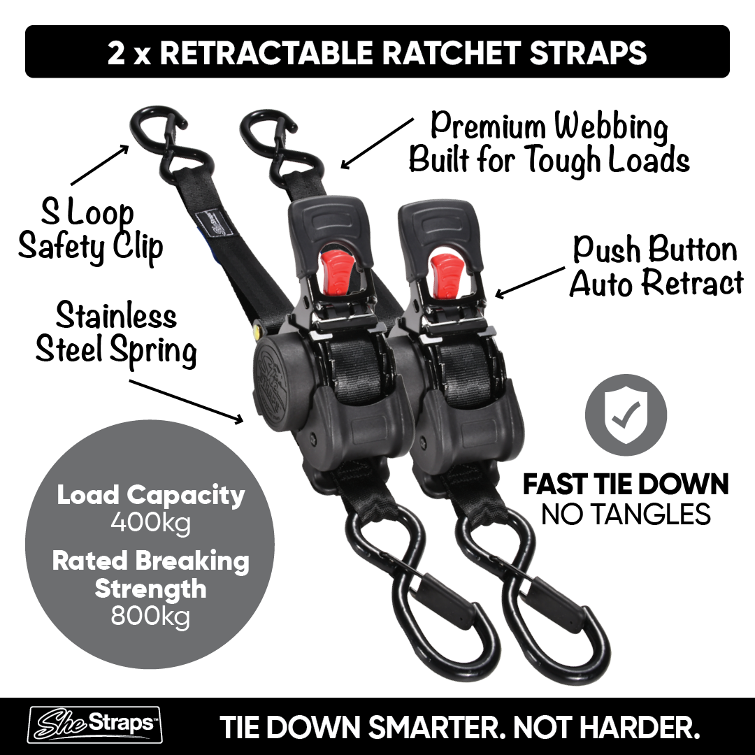 Two black retractable ratchet straps with carabiner clips, shown with callout labels and feature icons on a white background. Text highlights features such as S-loop safety clip, stainless steel spring, push button auto retract, and load capacity 400kg / rated breaking strength 800kg.