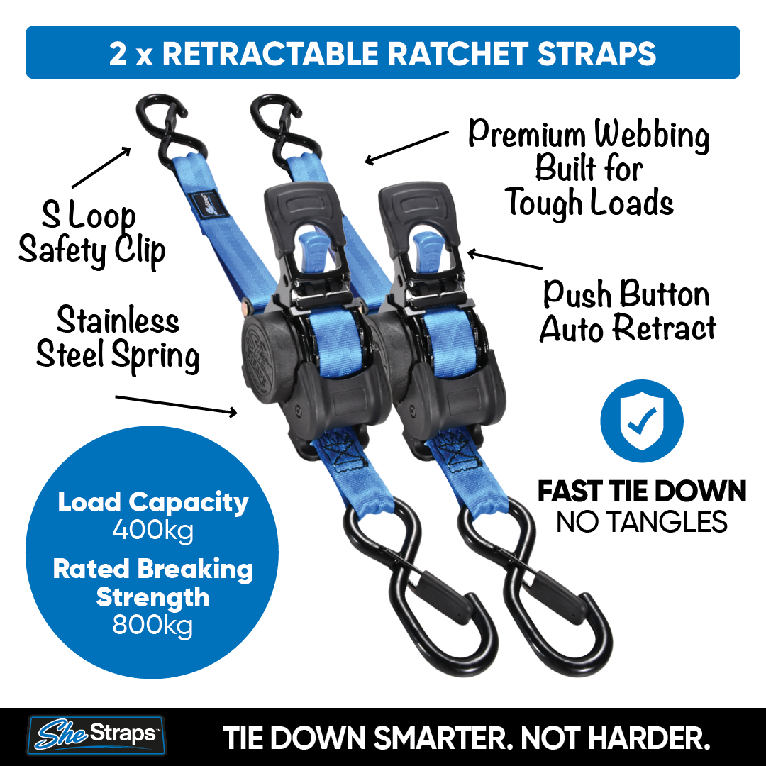 Two blue and black retractable ratchet straps shown on a white background with callout labels and feature badges. The top banner reads '2 x Retractable Ratchet Straps' and the bottom includes the SheStraps logo and tagline.
