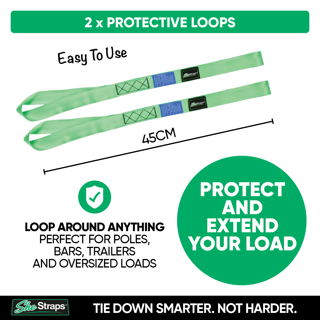 A promotional graphic for SheStraps protective loops, showing two light green straps with blue and black labels on a white background. The image includes text highlighting features such as '2 x PROTECTIVE LOOPS', 'Easy To Use', '45CM' length, and 'PROTECT AND EXTEND YOUR LOAD'.