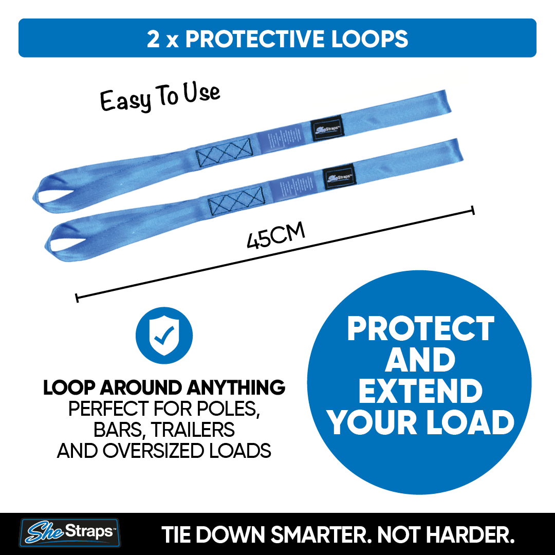 Blue SheStraps protective strap loops shown on a white background with text highlighting features such as '2 x PROTECTIVE LOOPS', 'Easy To Use', 'LOOP AROUND ANYTHING', and 'PROTECT AND EXTEND YOUR LOAD'.
