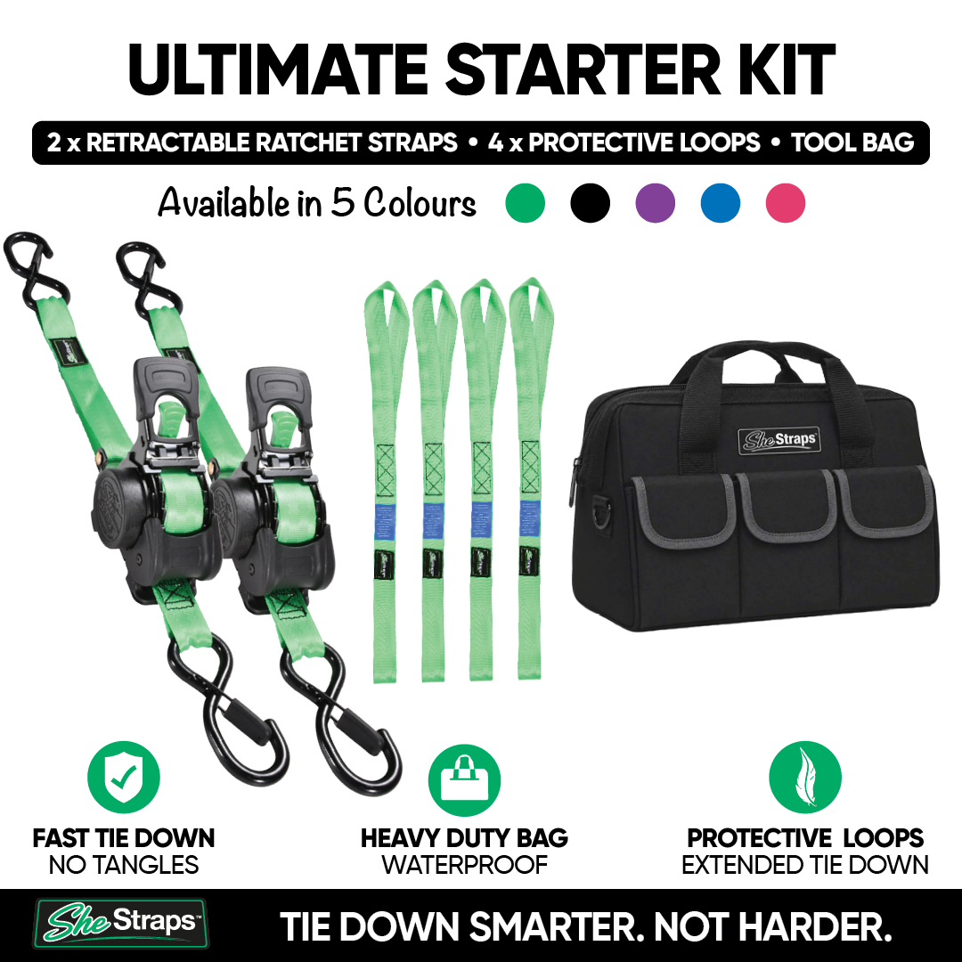 Ultimate Starter Kit by She Straps featuring two green and black retractable ratchet straps with black carabiners, four light green protective / anchor loops, and a black tool bag on a white background with feature callouts.