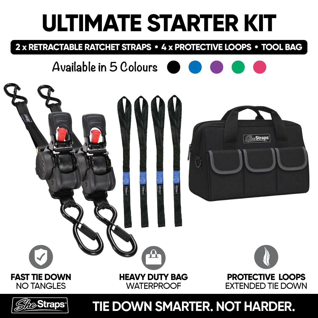 Ultimate Starter Kit by SheStraps featuring two black retractable ratchet straps with red release buttons, four black protective / anchor loops with blue as/nzs saftey tag, a black tool bag, and informational text and icons on a white background.