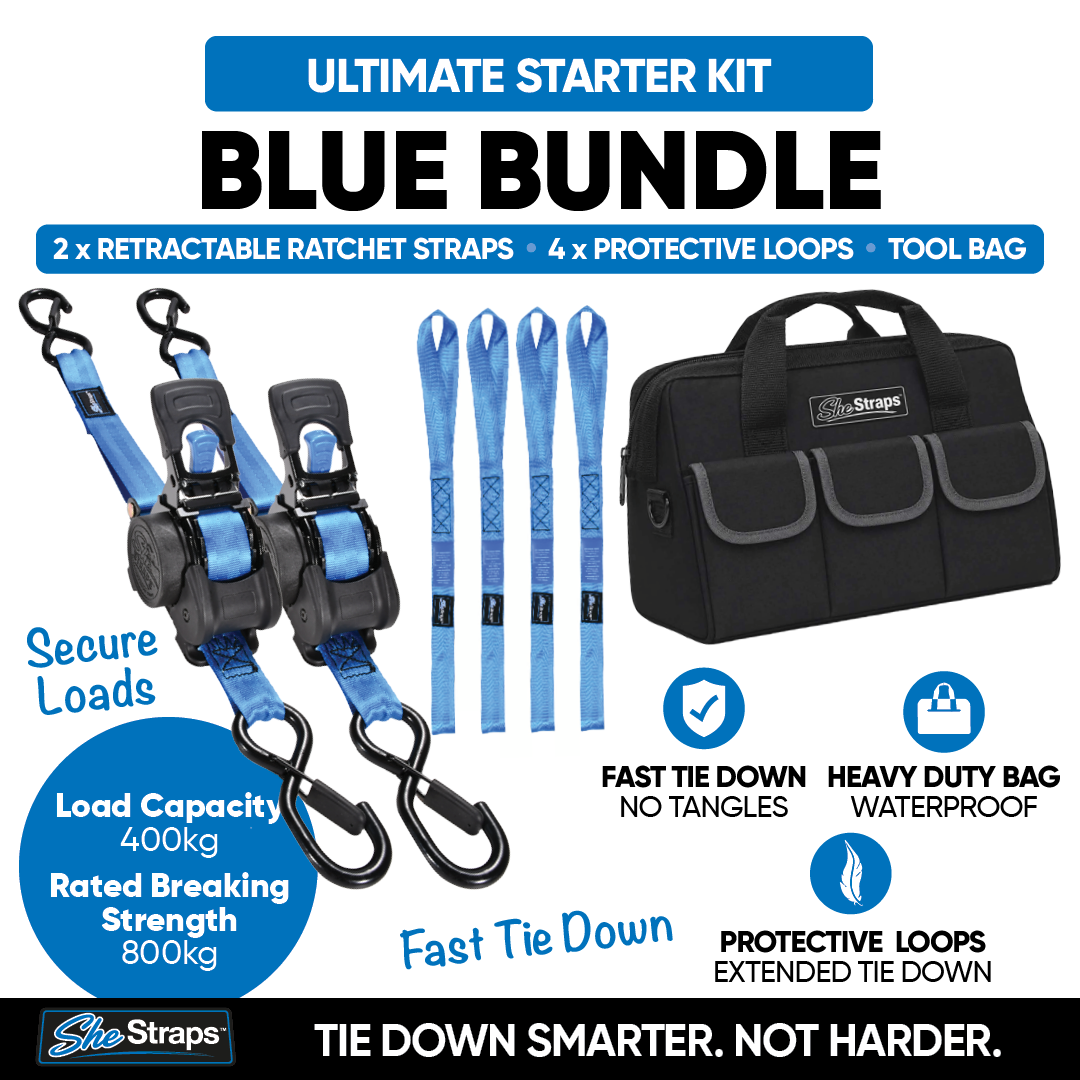 SheStraps Ultimate Starter Kit Blue Bundle, featuring two blue and black retractable ratchet straps, four blue protective loops, and a black tool bag with gray accents, displayed on a white background with product features and specifications.
