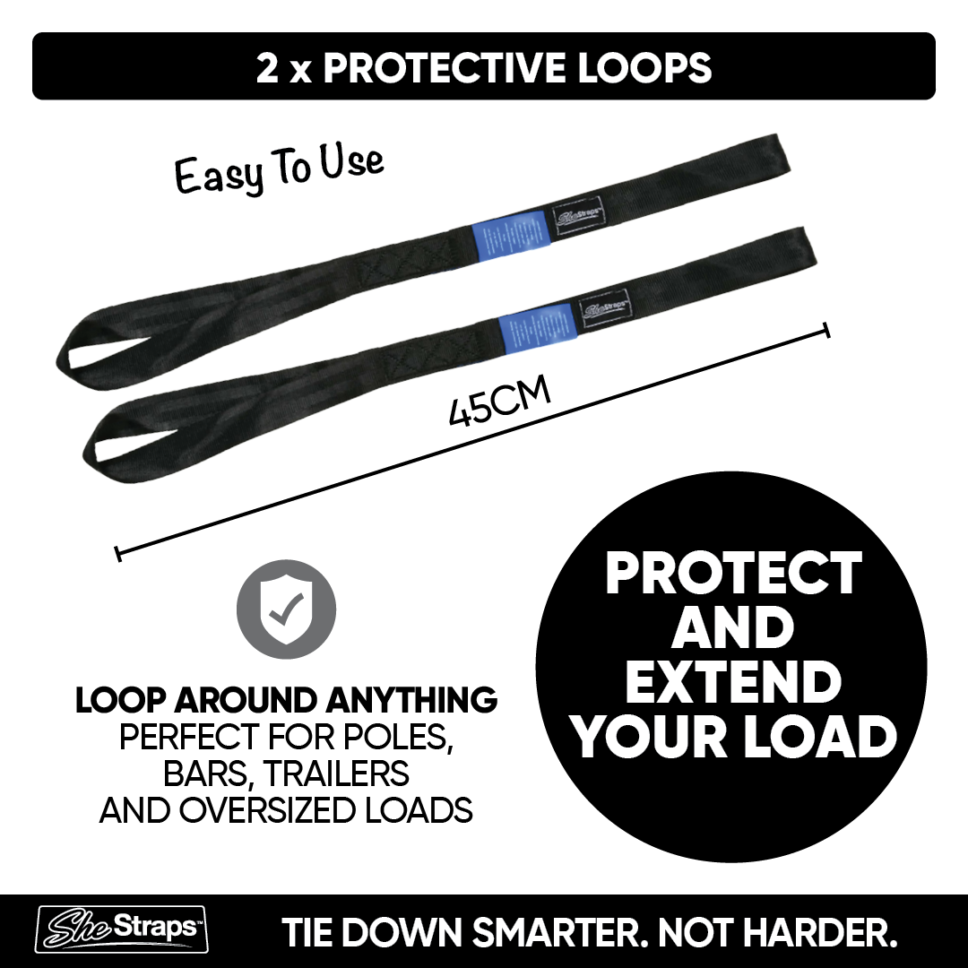 Black SheStraps protective loops with blue labels, shown on a white background with text overlays detailing their use, dimensions (45CM), and features.