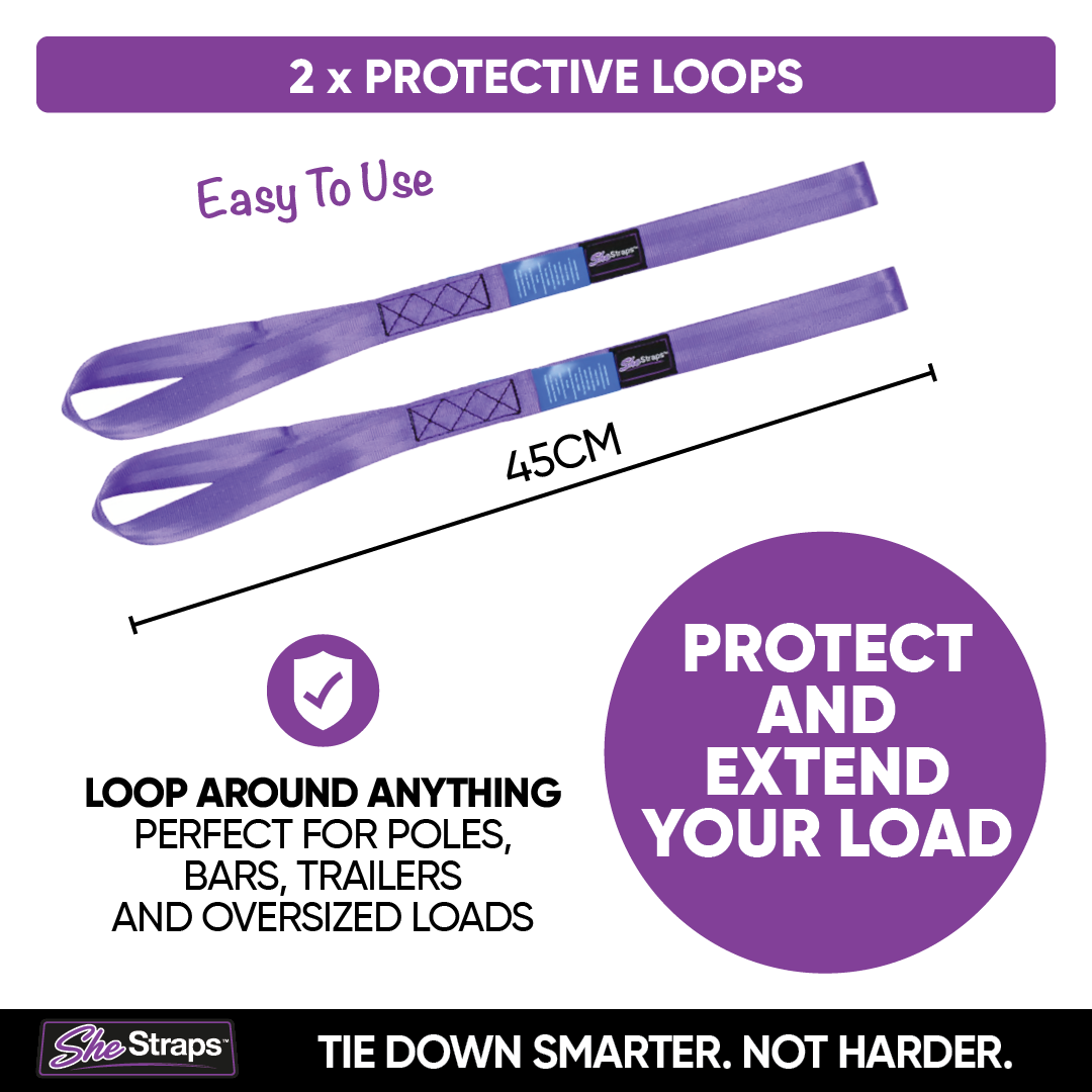 Purple SheStraps protective strap shown on a white background with text callouts, including '2 x PROTECTIVE LOOPS', 'Easy To Use', '45CM', and 'PROTECT AND EXTEND YOUR LOAD'.