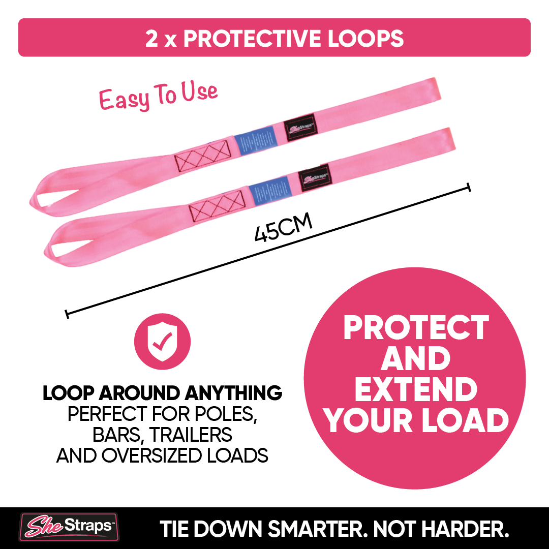 Pink protective strap set with blue wrapped sections and black labels, shown on a white background with text callouts including '2 x PROTECTIVE LOOPS', 'Easy To Use', '45CM', and 'PROTECT AND EXTEND YOUR LOAD'. Brand logo 'SheStraps' appears at the bottom.